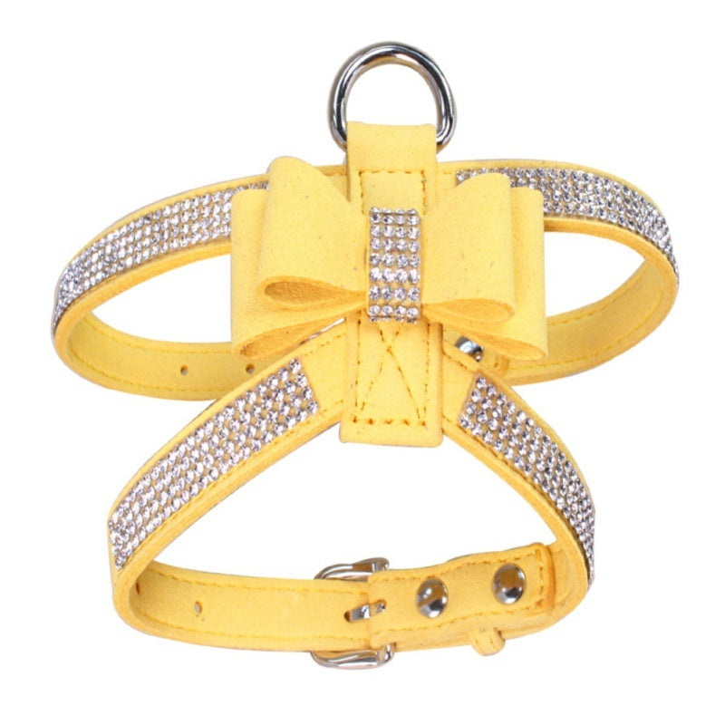 Harnais en velours jaune pour chiens et chats avec strass, élégant et confortable pour les promenades.
