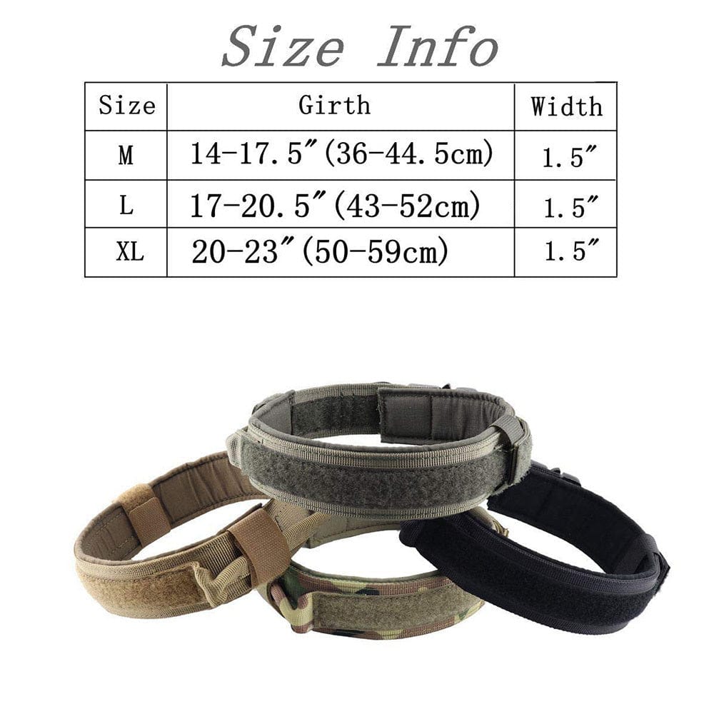 Size chart for tactical nylon dog collar: M, L, and XL sizes with measurements.
