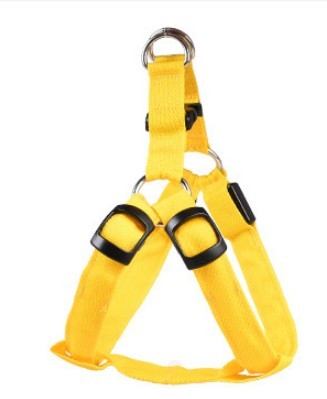 Harnais LED lumineux pour chien en jaune, conçu pour sécurité et style lors des promenades nocturnes.