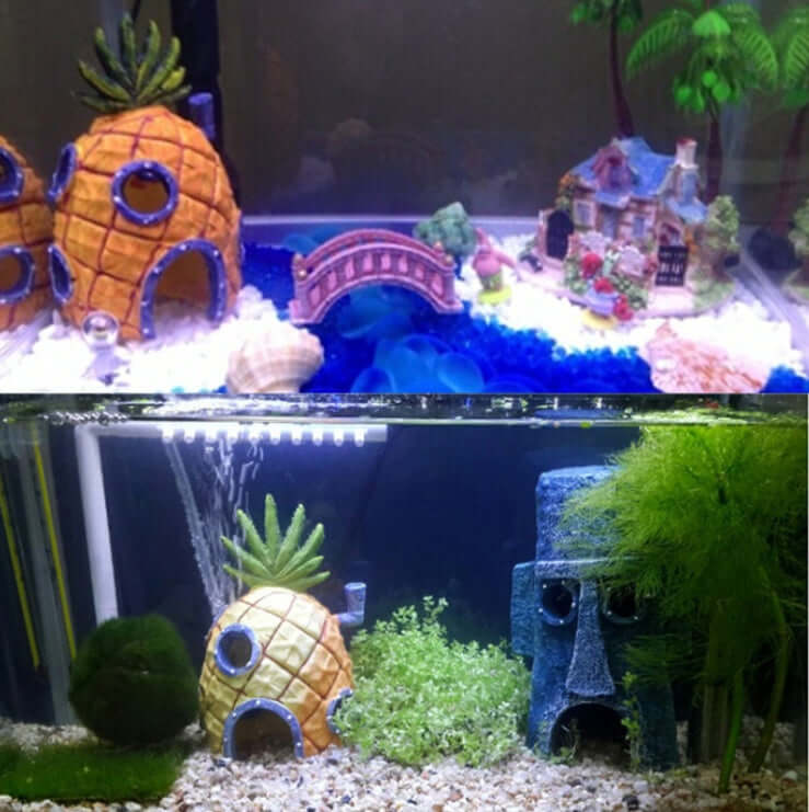 Maison Ananas pour poissons d'aquarium avec décor sous-marin coloré et plantes aquatiques.