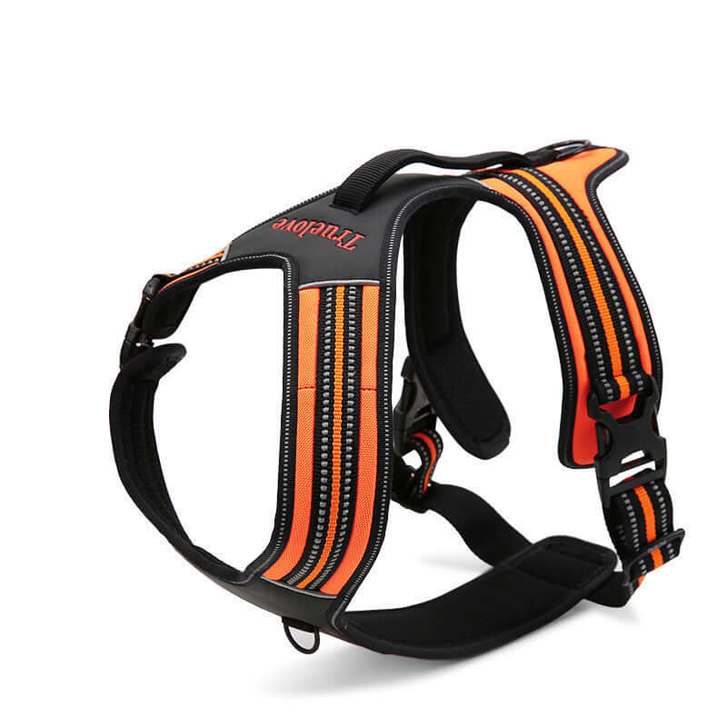 Harnais en nylon orange pour chien, conçu pour confort et sécurité, idéal pour les promenades.