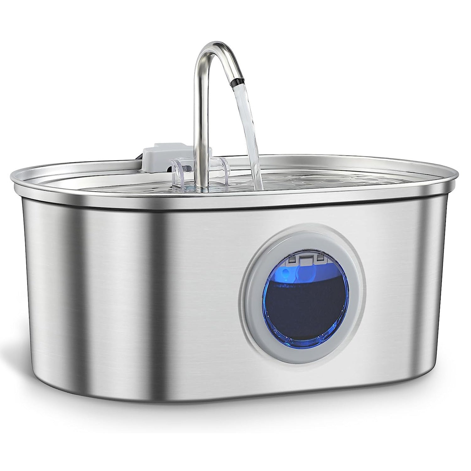 Distributeur d'eau en acier inoxydable pour animaux avec robinet et système de filtration.