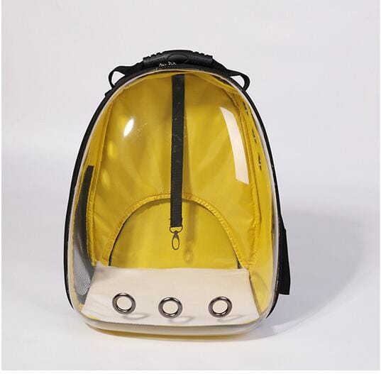Sac à dos transparent pour animaux de compagnie jaune avec fermeture éclair, parfait pour le transport d'animaux.