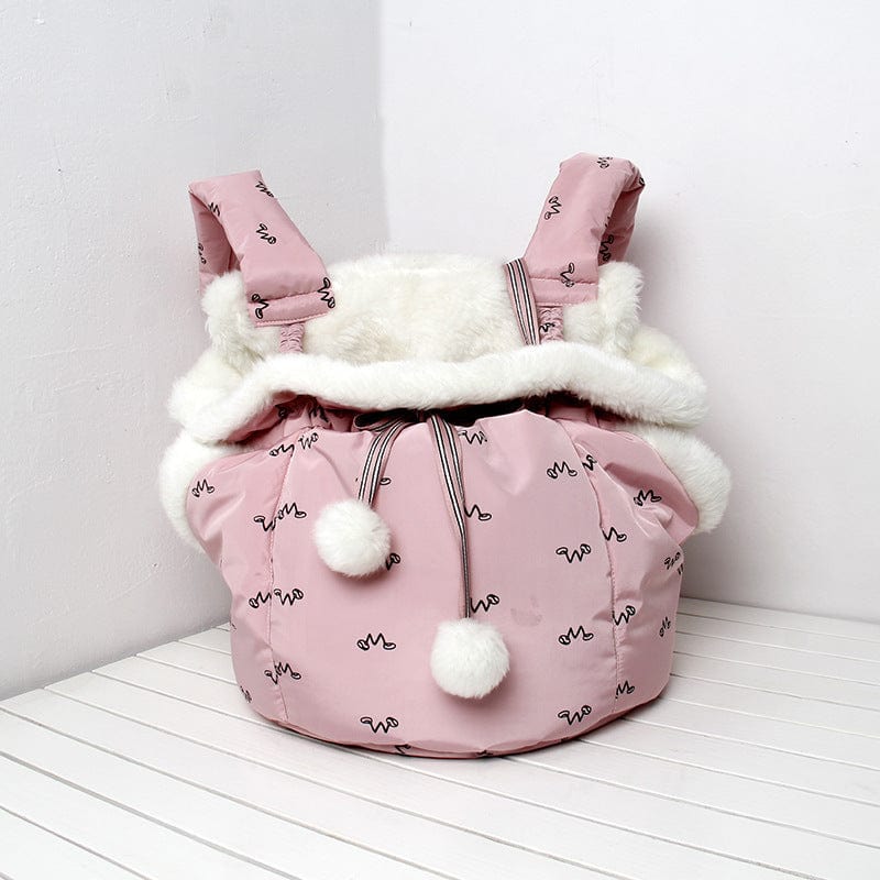 Sac à dos de transport pour animaux en laine rose avec doublure en fausse fourrure, parfait pour les voyages en hiver.