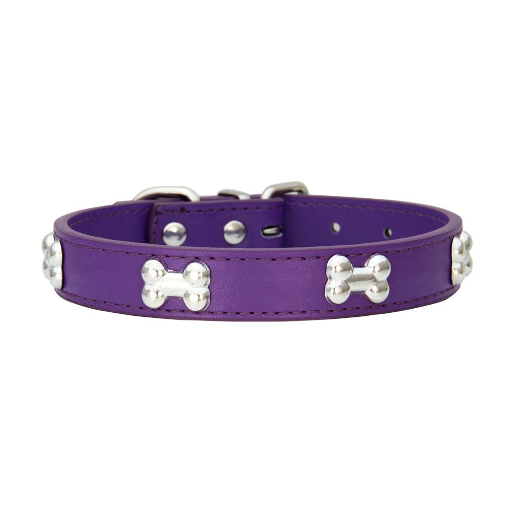 Collier pour chien en cuir PU violet avec ornements en forme d'os en métal, élégant et durable.