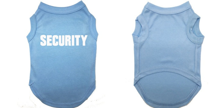 T-shirt pour chien bleu avec imprimé SECURITY, en coton et polyester, coupe décontractée.