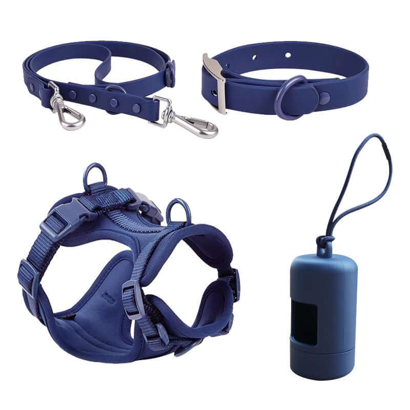 Ensemble de harnais à poitrine et laisse pour chien en PVC bleu, avec distributeur de sacs à excréments.