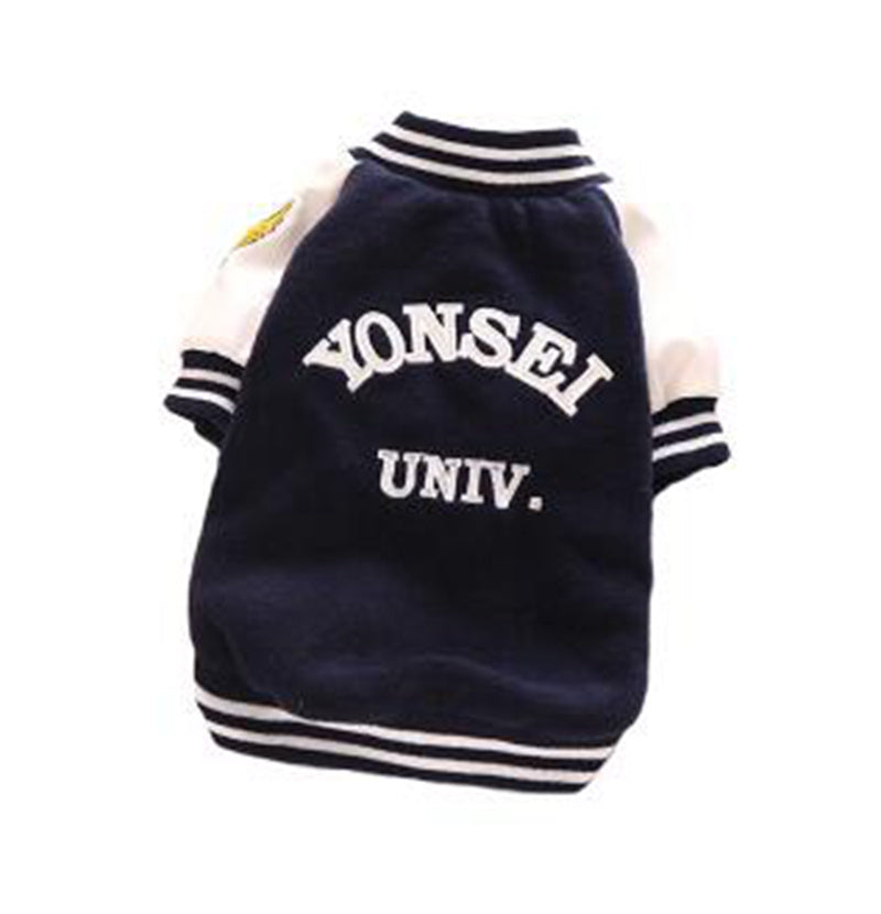 Uniforme de baseball en coton pour animaux, coloris bleu marine avec logo Yonsei, coupe décontractée et confortable.