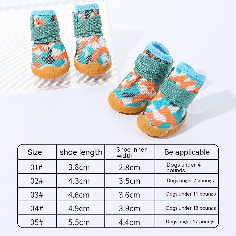 Chaussures non-dérapantes pour chiens, parfaites pour petits animaux, avec tableau de tailles et options de confort.