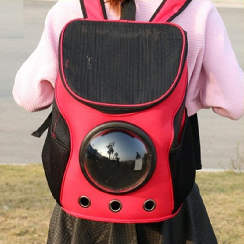 Sac à dos capsule astronaute rouge pour animaux avec panneau transparent, idéal pour chats et chiens.