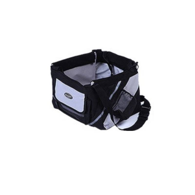 Sac de transport noir et gris pour animaux de compagnie, idéal pour vélo et aventures en plein air.