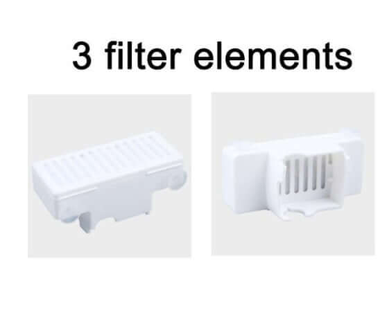 Three white filter elements for automatic water dispensers, designed for optimal pet hydration.