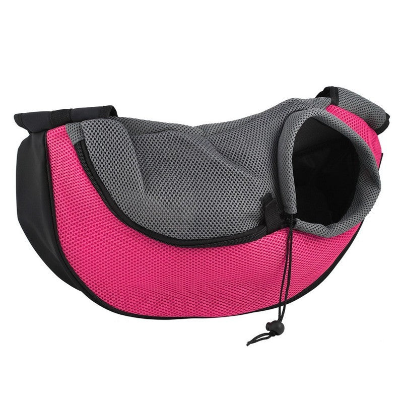 Sac à dos pour animaux de compagnie en tissu mesh gris et rose, idéal pour le transport confortable des animaux.