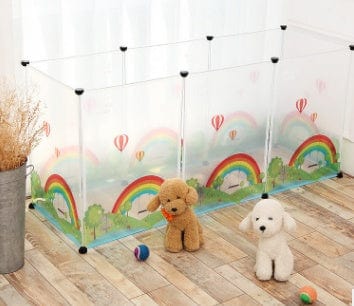 Clôture transparente pour animaux avec motif de paysage et jouets pour chiens en peluche à l'intérieur