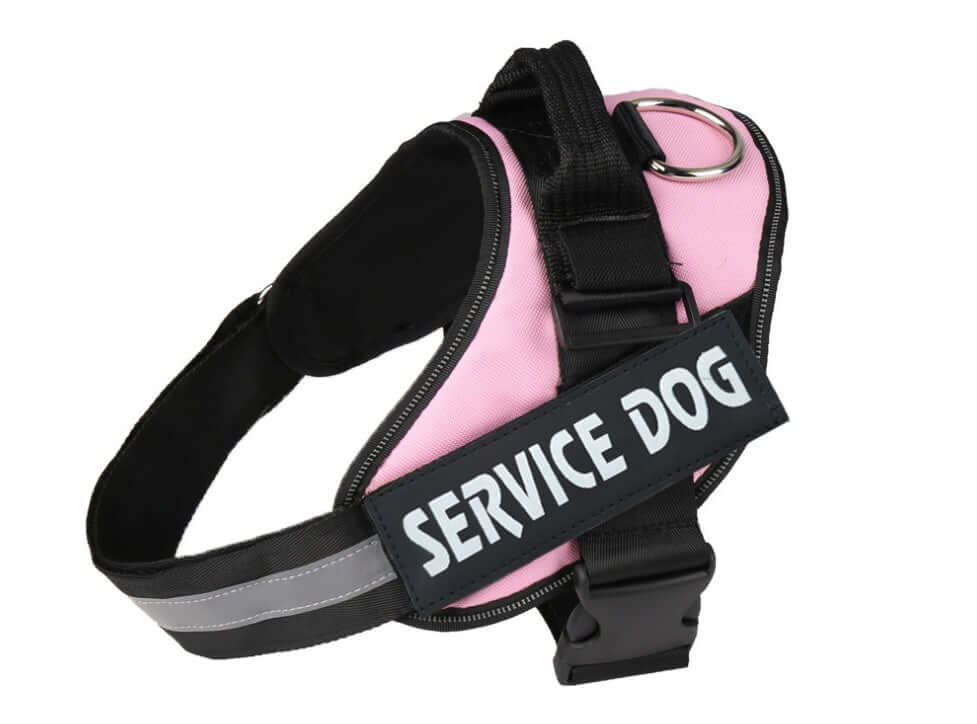 Harnais rose pour chien avec étiquette SERVICE DOG, idéal pour animaux de compagnie et sécurité.