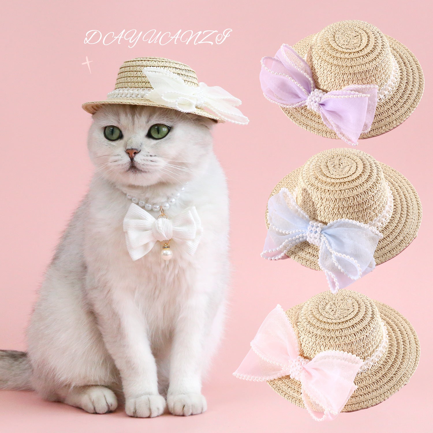 Chapeau en paille pour chat avec nœud en perles, idéal pour les occasions spéciales et élégantes pour animaux.