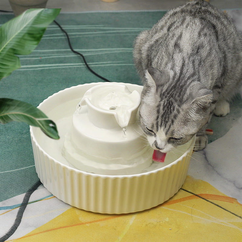 Un chat buvant dans un distributeur d'eau en céramique pour animaux, élégant et hygiénique.