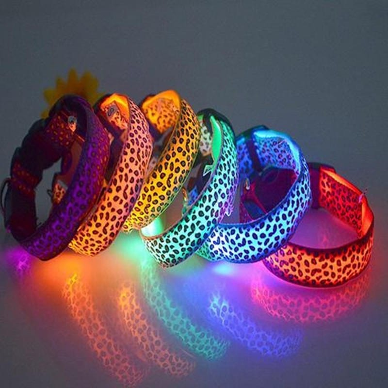 Colliers LED ajustables en nylon léopard pour chiens, brillants et colorés pour sécurité nocturne.