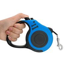 Laisse télescopique automatique bleue tenue en main, idéale pour les promenades en toute sécurité avec les animaux.