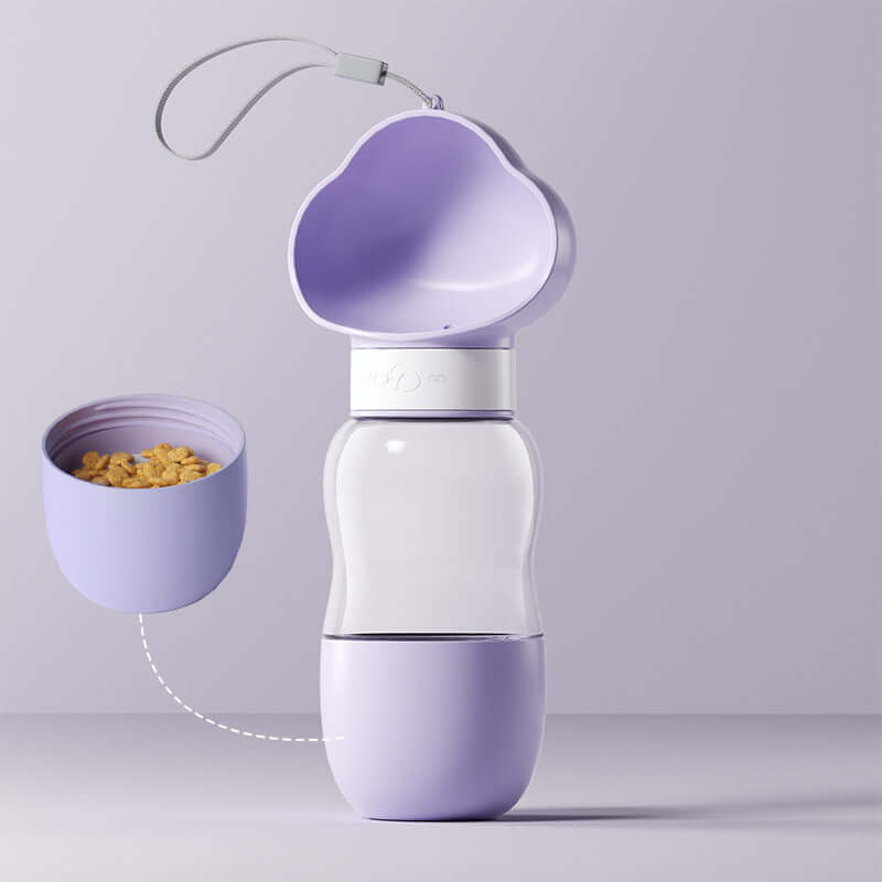 Gobelet d'eau portable pour chiens en violet, idéal pour les promenades et la désaltération.