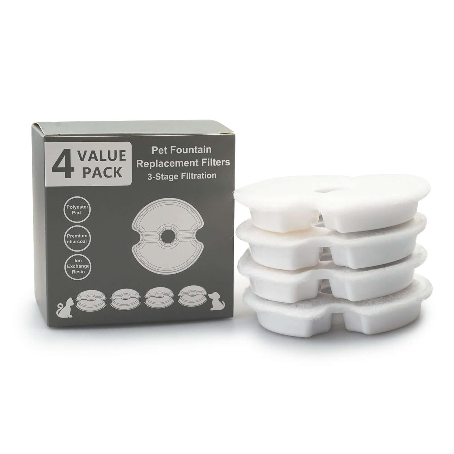 Filtre de remplacement pour fontaine à eau pour animaux, pack de 4, filtration en 3 étapes.