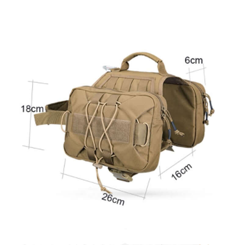 Sac à dos tactique pour chien dg121 en nylon 1000D, dimensions : 26x18x6 cm, parfait pour randonnées et sorties.