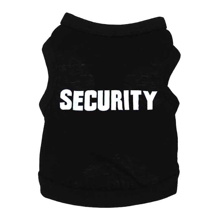 Gilet de sécurité noir pour petit chien avec impression 'SECURITY' en blanc, confort en coton doux.