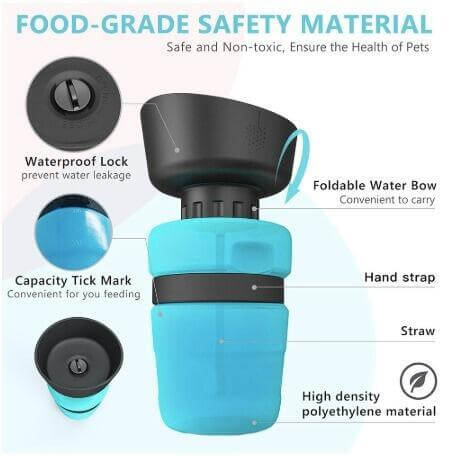 Bouteille d'eau pliable pour chien avec bol et verrou étanche, idéale pour voyager avec vos animaux.