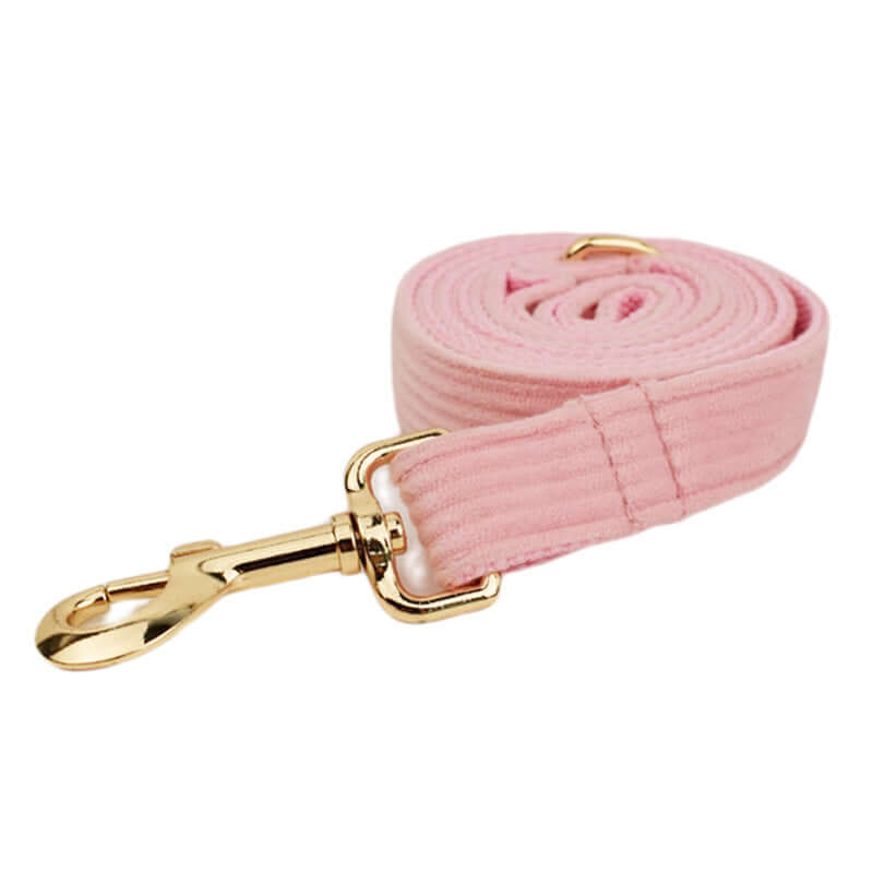 Laisse pour chien en velours rose avec attache dorée, accessoire élégant pour promenades.