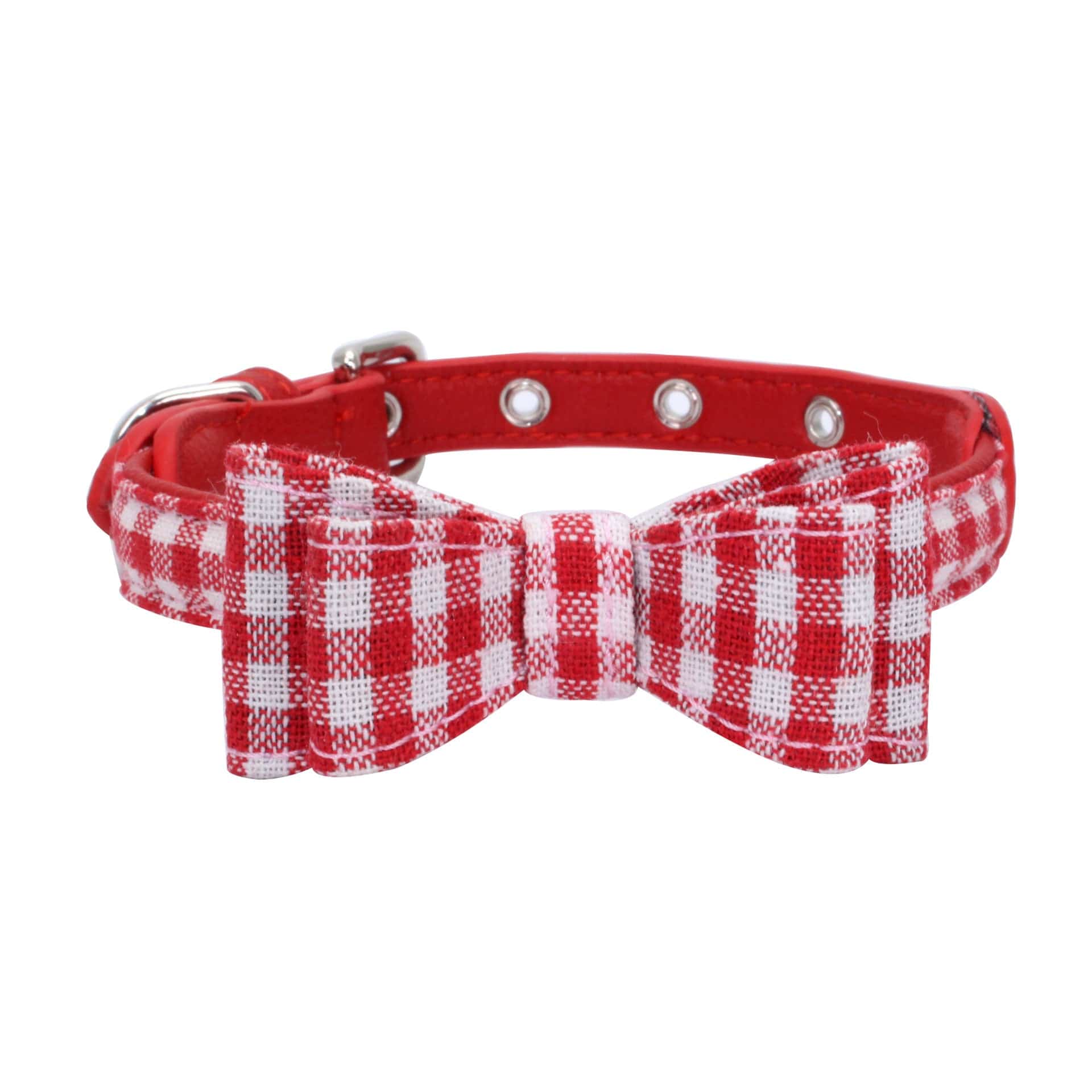 Collier en cuir rouge avec nœud en vichy pour chien, confortable et stylé, accessoires pour animaux.