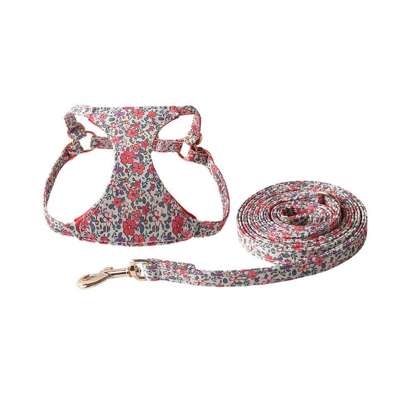Harnais floral élégant pour animaux avec laisse assortie aux motifs floraux colorés.