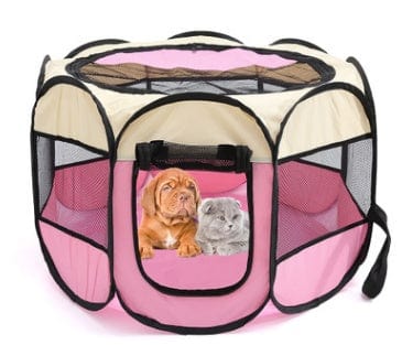 Clôture octogonale pliante pour animaux avec un chiot et un chaton en tissu Oxford 600D, idéale pour l'extérieur.