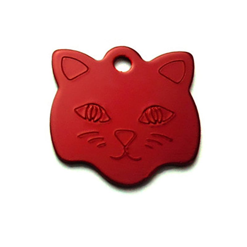 Médaille en aluminium rouge en forme de tête de chat pour collier d'animaux, idéale pour chien et chat.