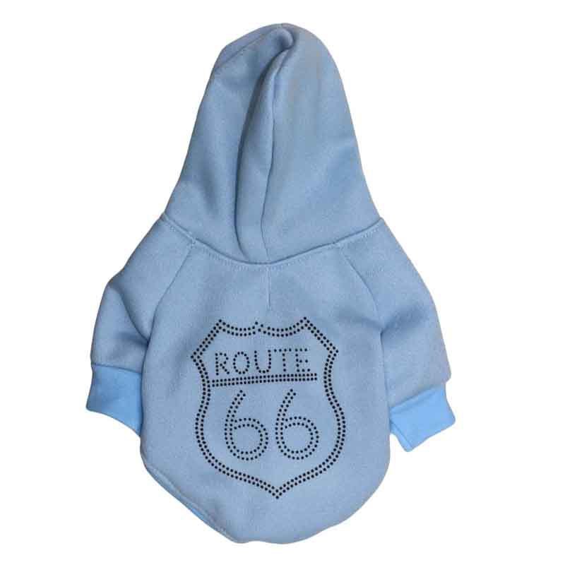 Haut en fleece bleu pour animaux avec capuche, style décontracté, motif Route 66.