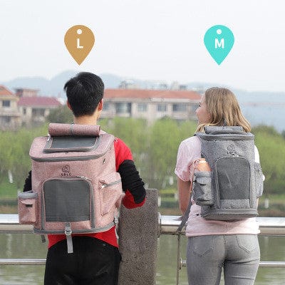 Sac à dos transparent pour chat portable, coloris rose et gris, idéal pour les voyages avec votre animal.