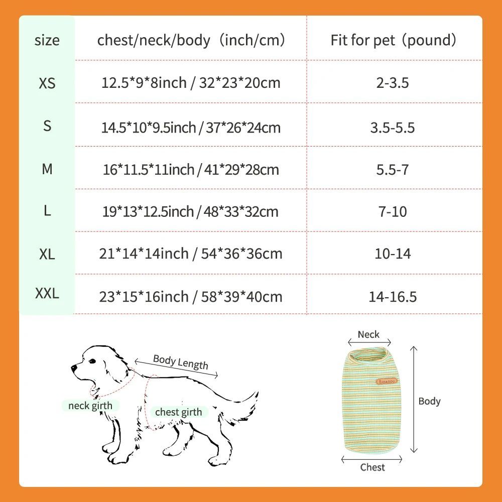 Size chart for dog cooling vest showing dimensions and weight recommendations for each size.