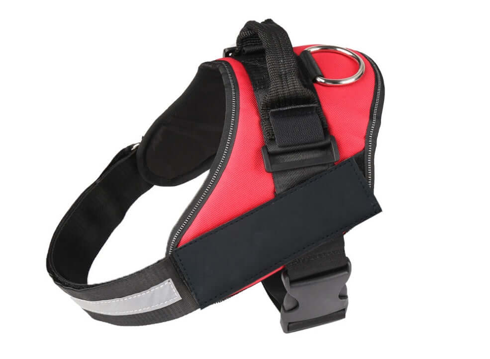 Harnais pour chien rouge en nylon avec boucle et attache, idéal pour promenades et sécurité.