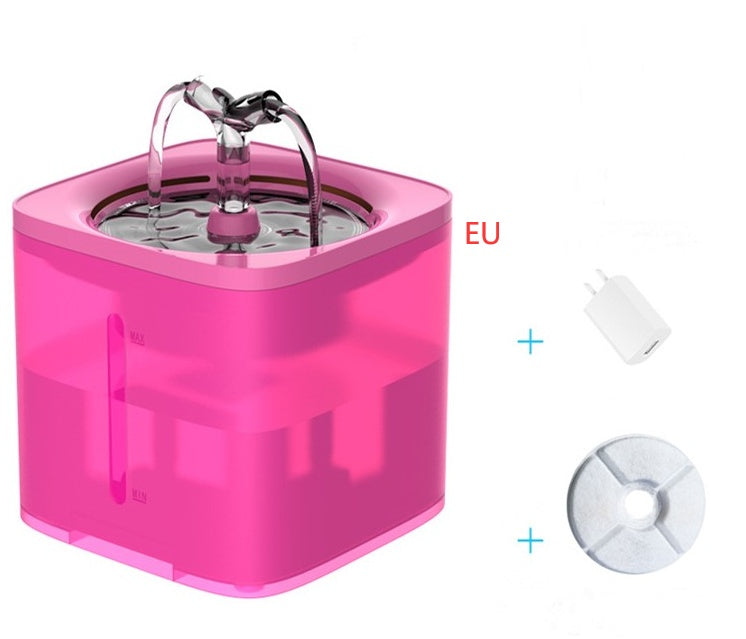 Fontaine automatique à boire pour chats et chiens, en couleur rose, avec accessoires inclus pour une hydratation facile.