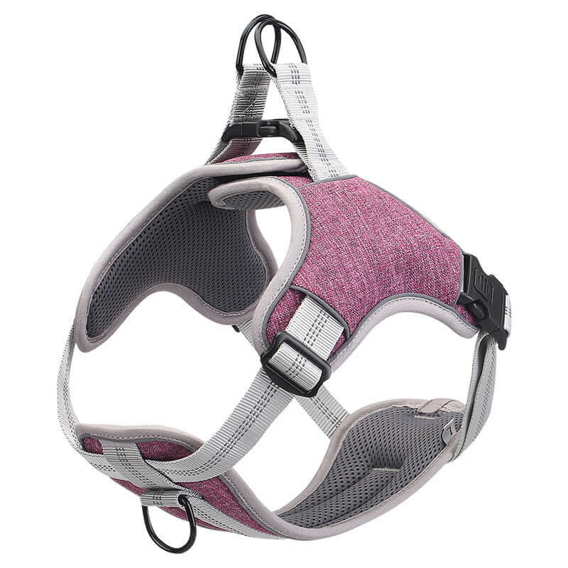 Harnais de poitrine réfléchissant pour chien en polyester, confortable et ajustable, couleur rose.