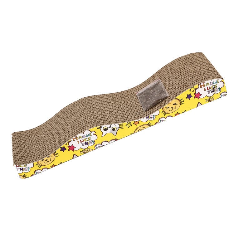 Grattoir pour chat en papier ondulé type vague, coloré, offrant confort et espace de jeu aux félins.