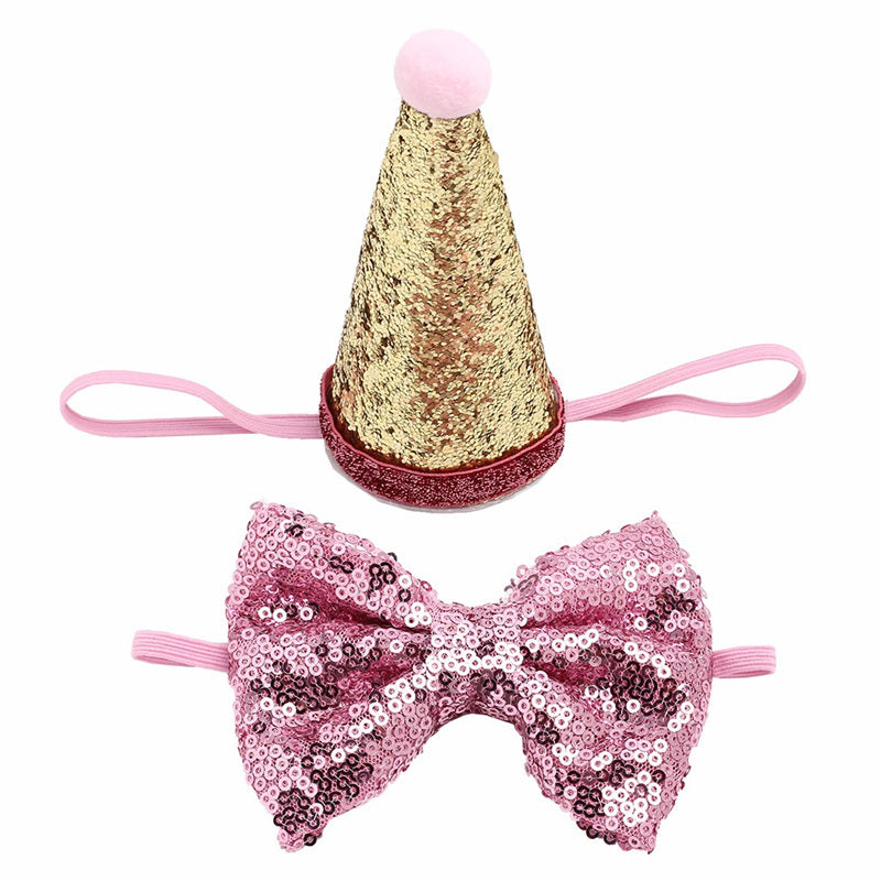 Bandeau rose et chapeau doré pour animaux, accessoires élégants pour chiens et chats.
