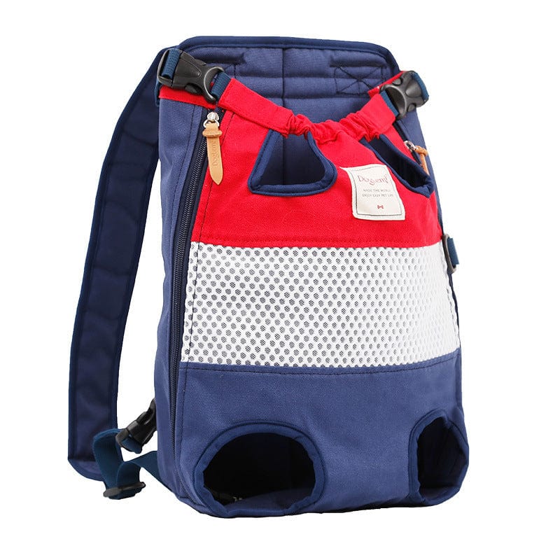 Sac à dos pour animaux avec toile durable, maille respirante et design élégant en rouge et bleu.