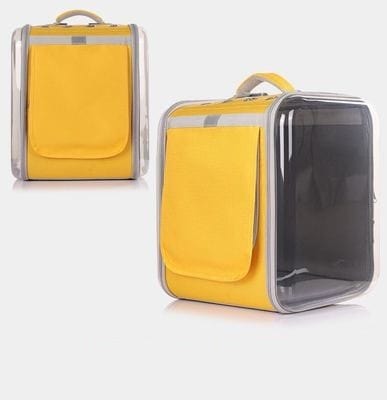 Sac à dos portable pour chat en polyester jaune, idéal pour transporter votre animal en balade.