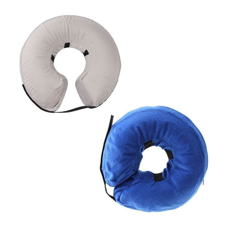 Colliers gonflables anti-morsure et anti-léchage pour chiens, disponibles en gris et bleu.