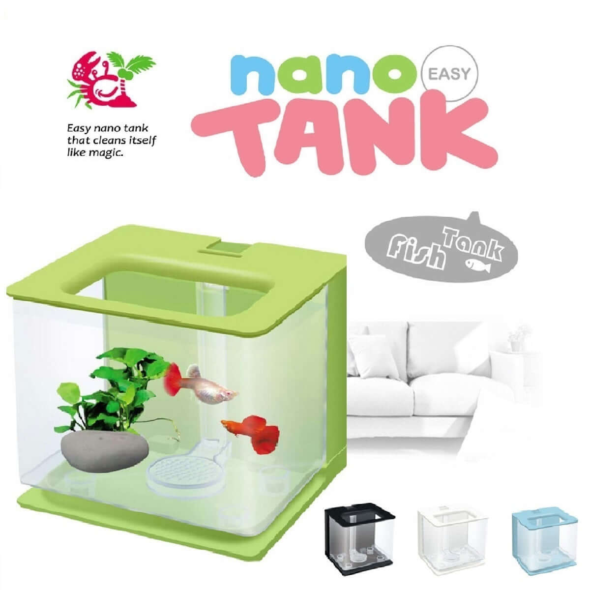 AquaClean Mini Aquarium in green with fish and plants, showcasing an auto-clean feature for easy maintenance.