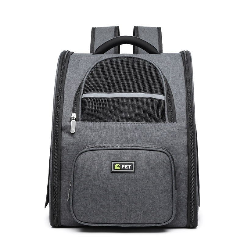 Sac à dos pour animaux de compagnie en tissu durable avec poches pratiques et design élégant.