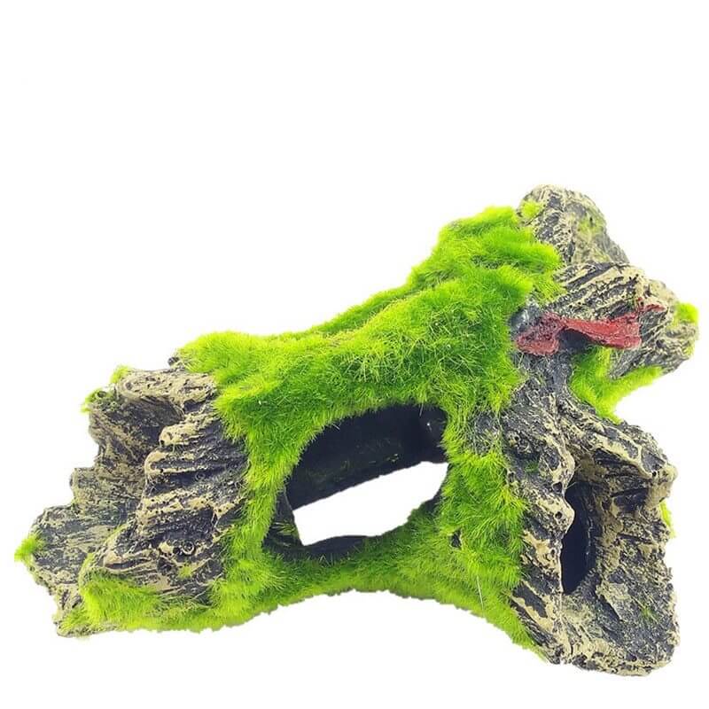 Décoration en résine pour aquariums, imitation bois de rivière avec mousse verte, écosystème aquatique naturel.