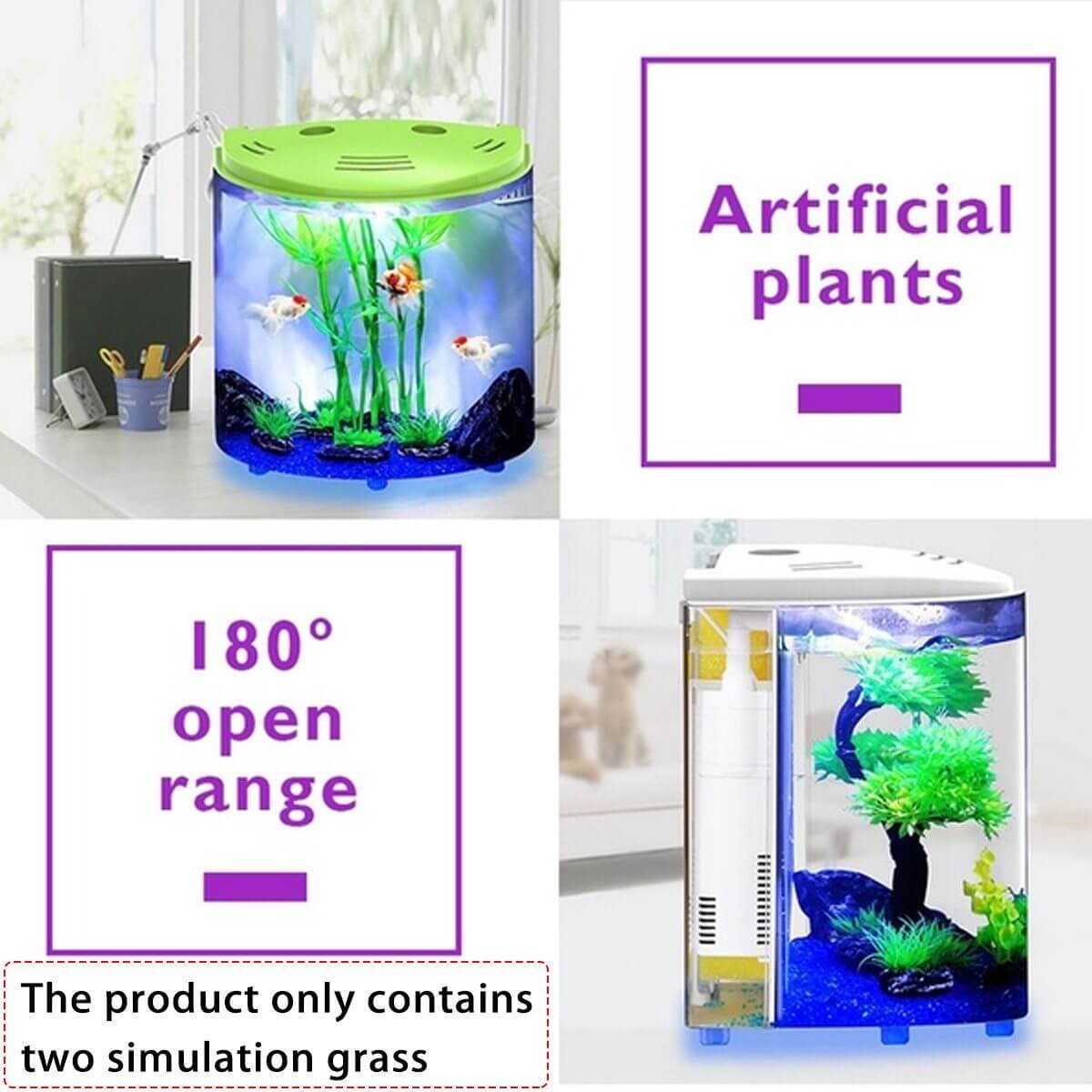 Aquarium écologique en acrylique avec plantes artificielles et vue à 180°, idéal pour pisciculture intérieure.