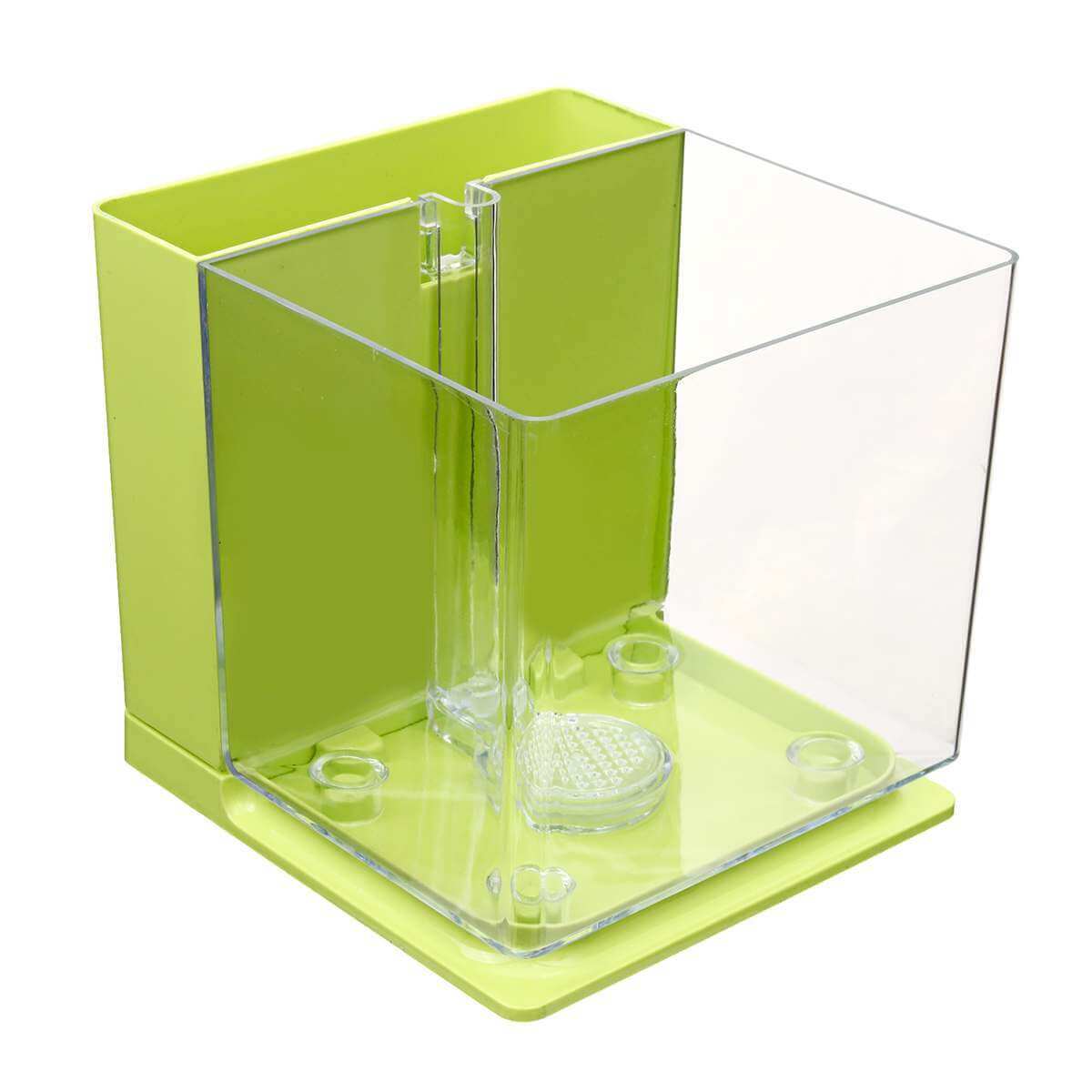 Mini aquarium auto-nettoyant vert en plastique, parfait pour les petits espaces et un entretien facile.