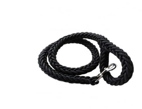 Laisse en cuir tressé noire pour chien, robuste et durable, idéale pour les promenades.